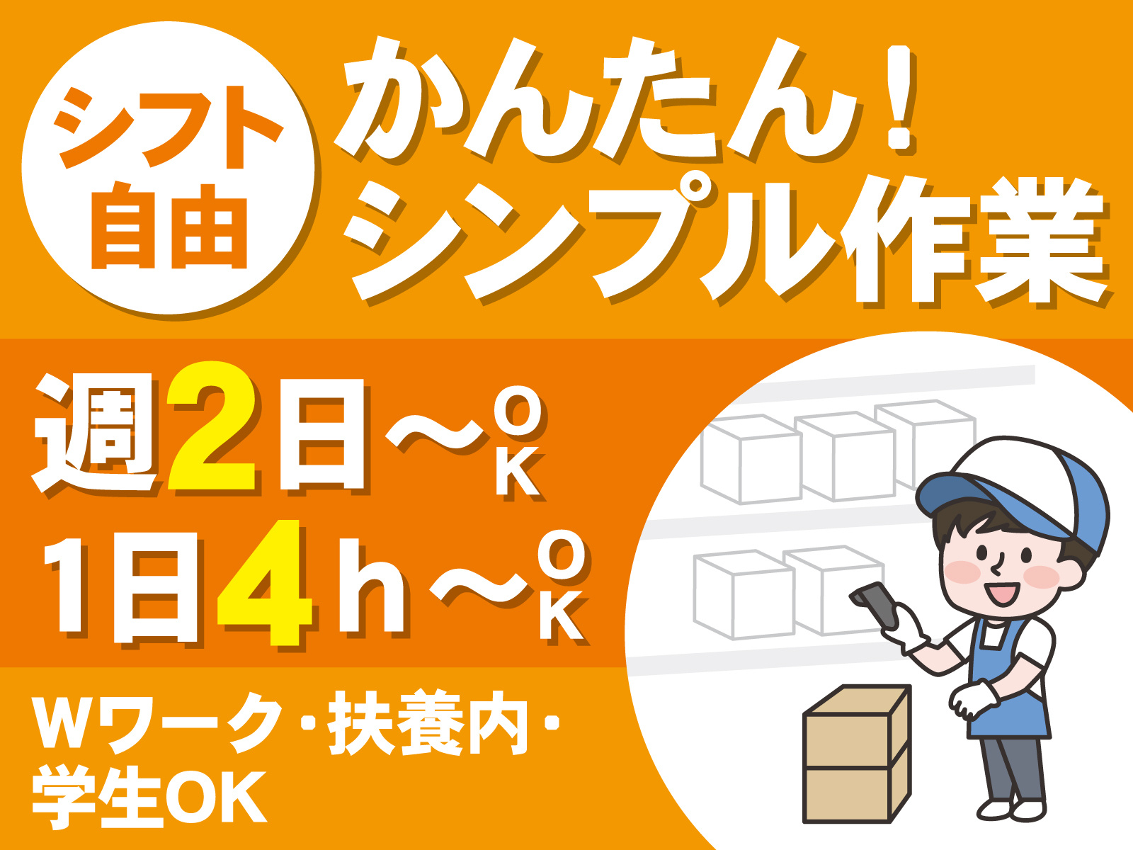 シフト自由　カンタンシンプル作業　週２日～OK　1日4ｈ～ＯＫ　Wワーク・扶養内・学生OK