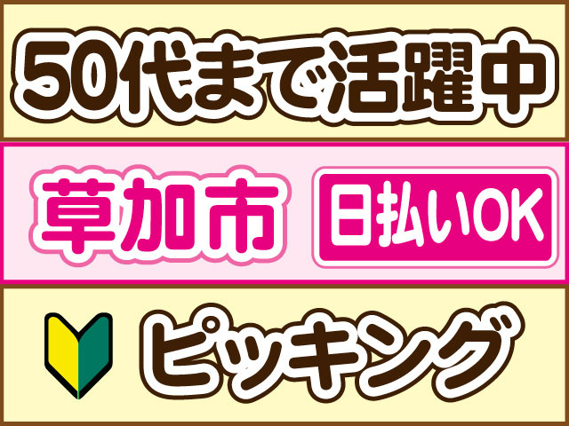 ピッキング　未経験OK　５０代まで活躍中　日払いOK　草加市