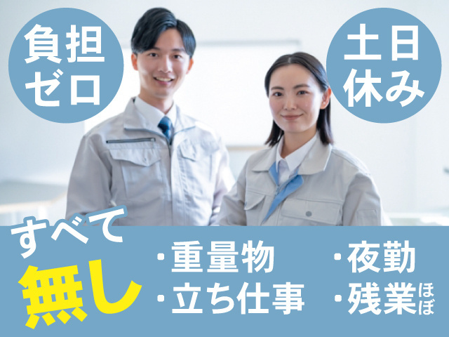 男女作業員の写真、負担ゼロ、土日休み、すべて無し