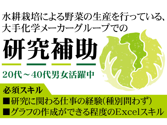 水耕栽培による野菜の生産を行っている、大手化学メーカーグループでの研究補助