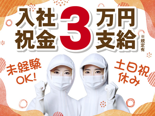 入社祝金3万円※規定有。未経験OK！土日祝休み。衛生服を着た女性2人の写真。