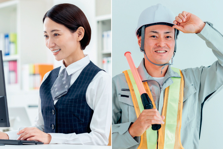 事務員の女性の写真（左）と男性の警備員の写真（右）