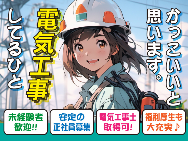 かっこいいと思います。電気工事してるひと　未経験者歓迎!!　安定の正社員募集　電気工事士取得可!　福利厚生も大充実♪
