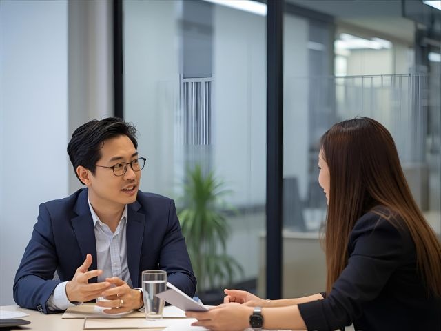 オフィスで打ち合わせをする男女