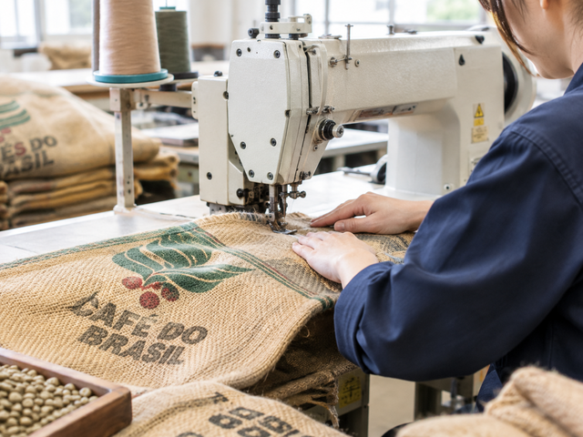 工業用ミシンでの麻布の縫製作業