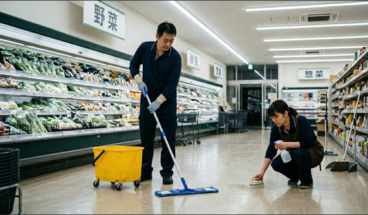 閉店後スーパー清掃男女