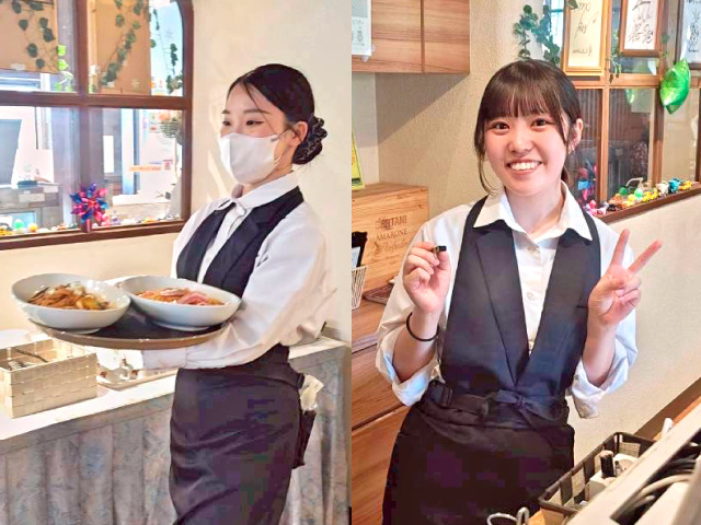 勤務中の様子(パスタの配膳、笑顔の受付スタッフ)