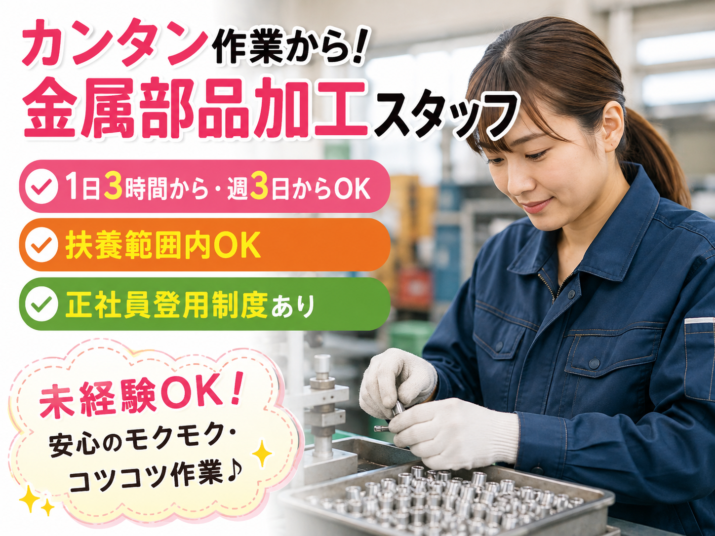 カンタン作業から！　金属部品加工スタッフ　扶養範囲内OK　1日3時間から・週3日から