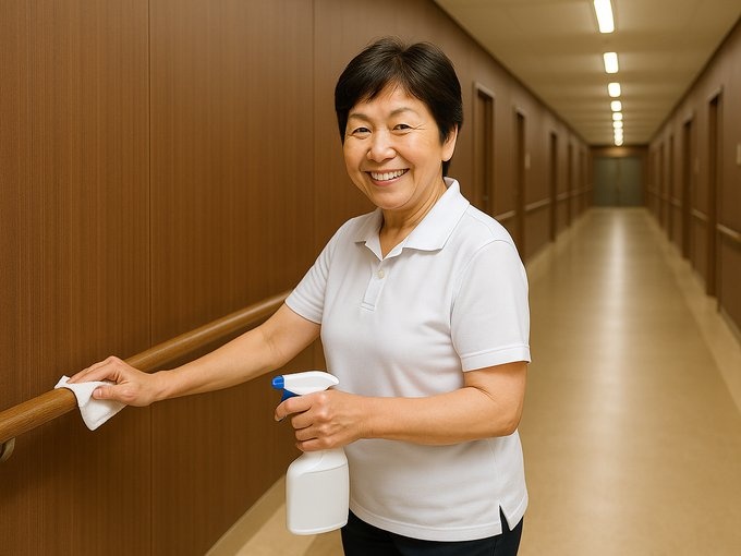 手すりを掃除する様子