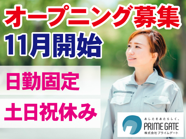 オープニング募集。11月開始。日勤固定。土日祝休み
