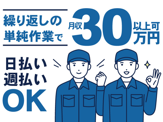 作業員のイラスト、繰り返しの単純作業で月収30万円以上可、日払い週払いOK