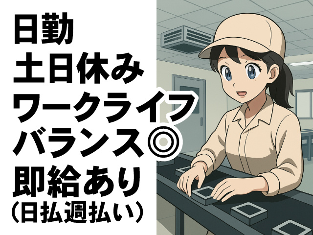 日勤、土日休み、ワークライフバランス◎、即給あり(日払週払い)