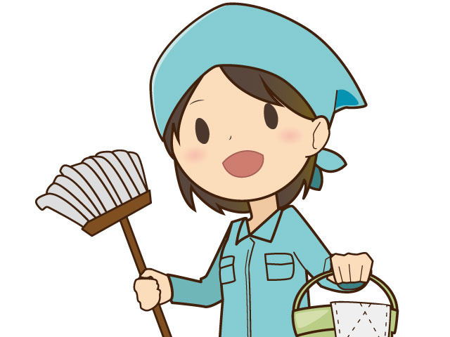 掃除道具を持った女性のイラスト