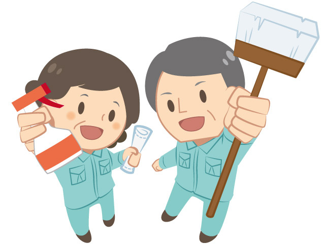 掃除道具を持った年配の男女イラスト