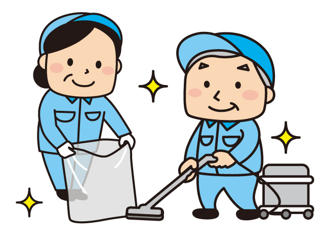 掃除道具を持ったシニア男女のイラスト