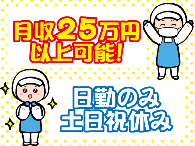 月収25万円 以上可能、日勤のみ、土日祝休み