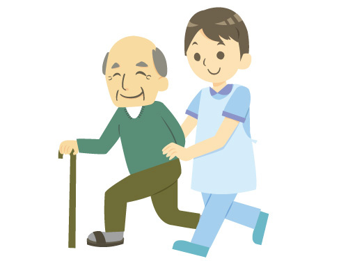 介護スタッフと利用者の男性が一緒に歩くイラスト