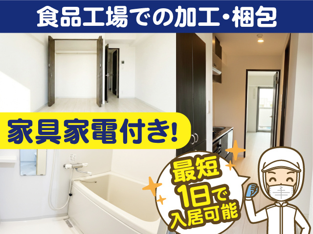 食品工場での加工・梱包／家具家電付き！最短1日で入居可能