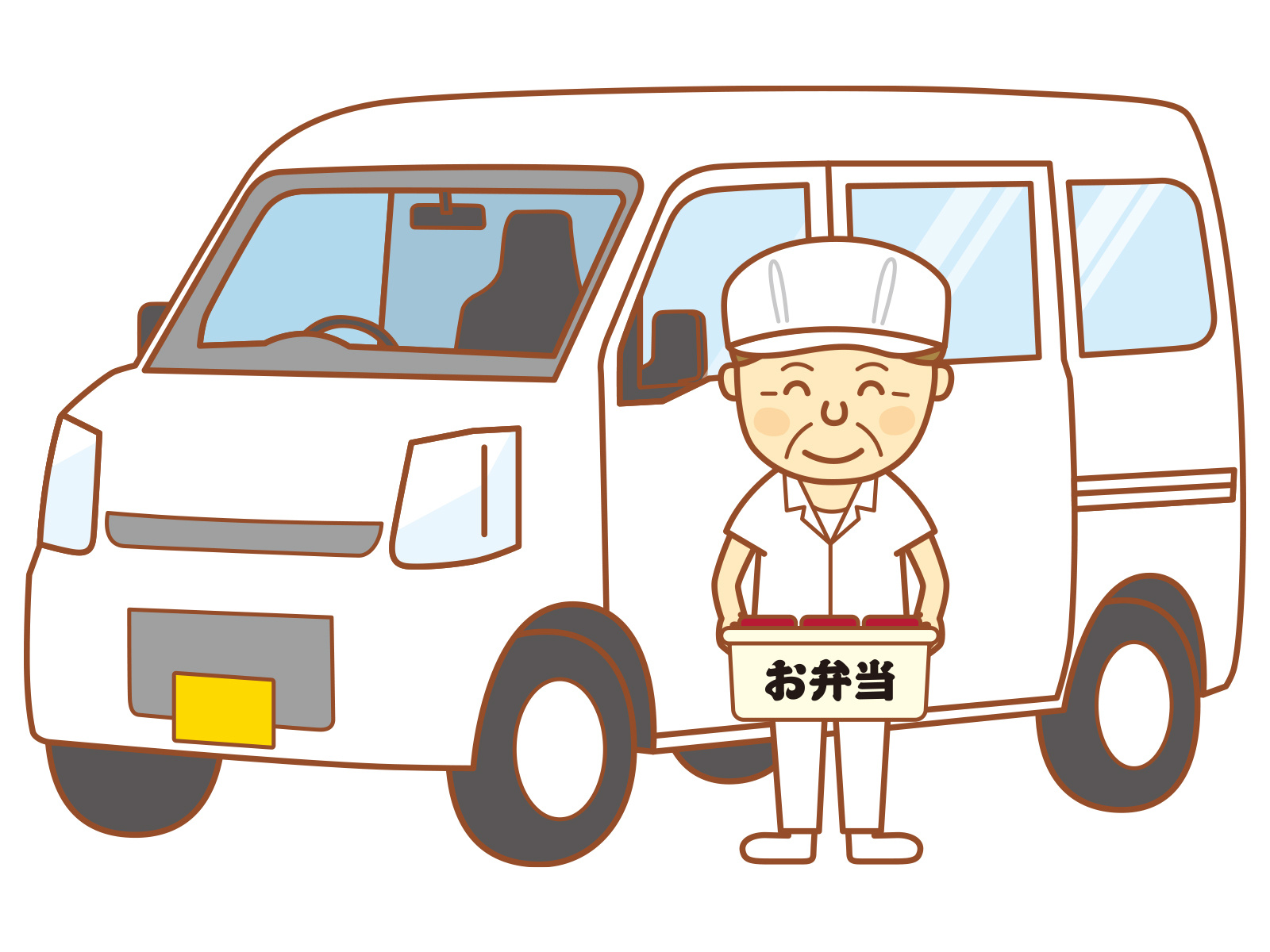 軽バンでお弁当配送をする中高年スタッフのイラスト