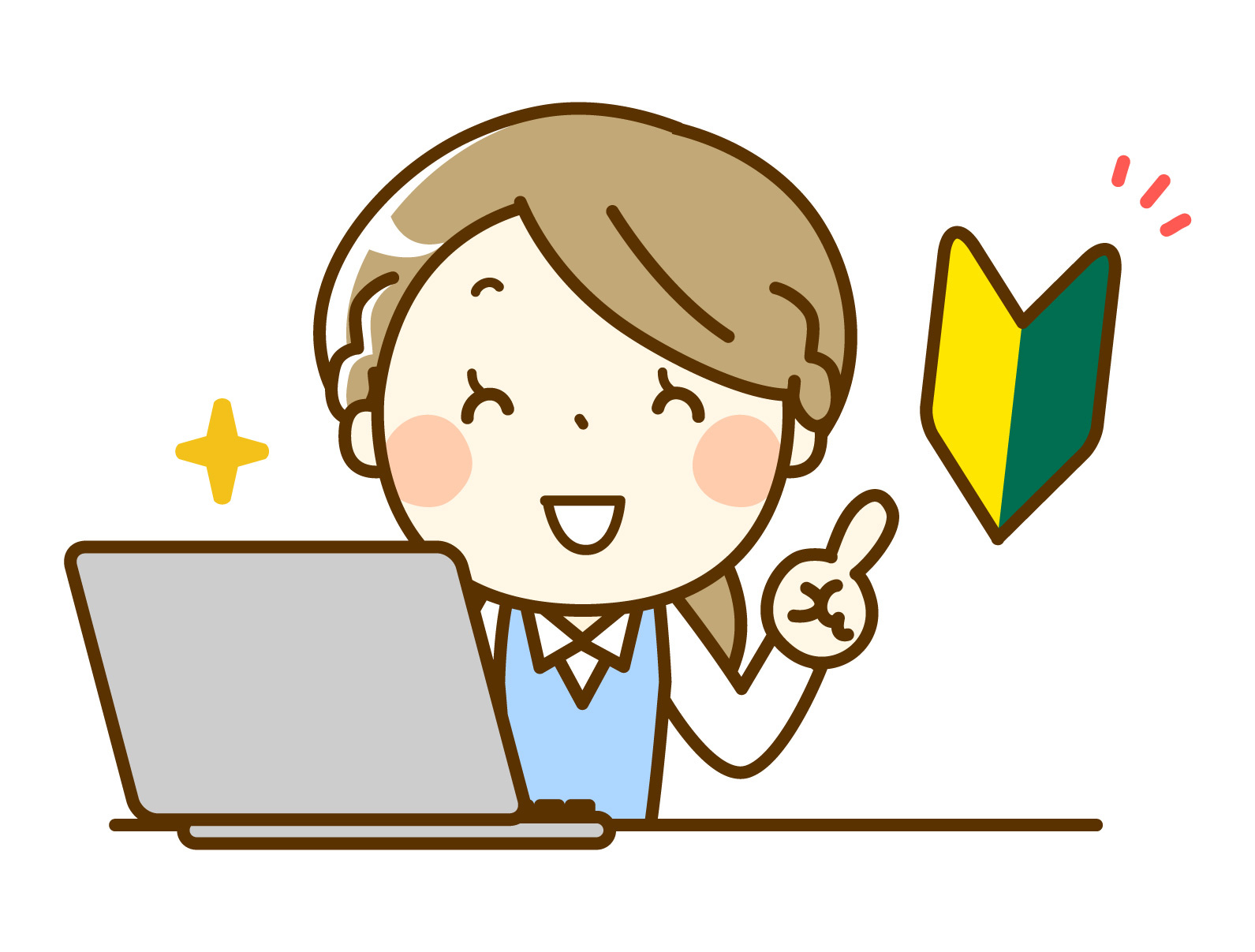パソコン入力する受付女性スタッフ／初心者マーク