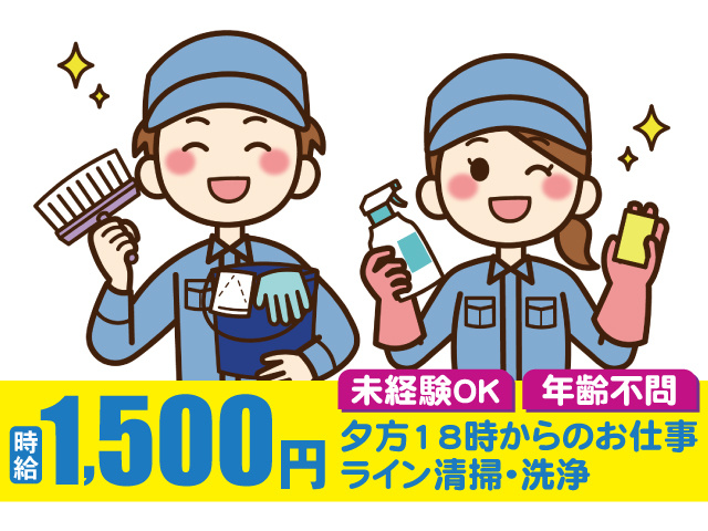 時給1500円。未経験OK、年齢不問。夕方18時からのお仕事。ライン清掃・洗浄
