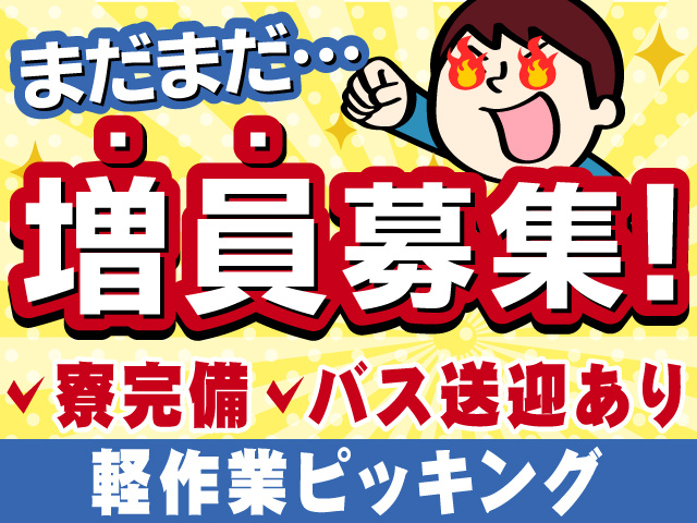 まだまだ増員募集！　寮完備・バス送迎あり　軽作業ピッキング