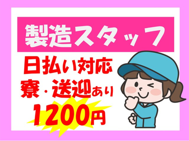 製造スタッフ、日払い対応、寮・送迎あり、1200円