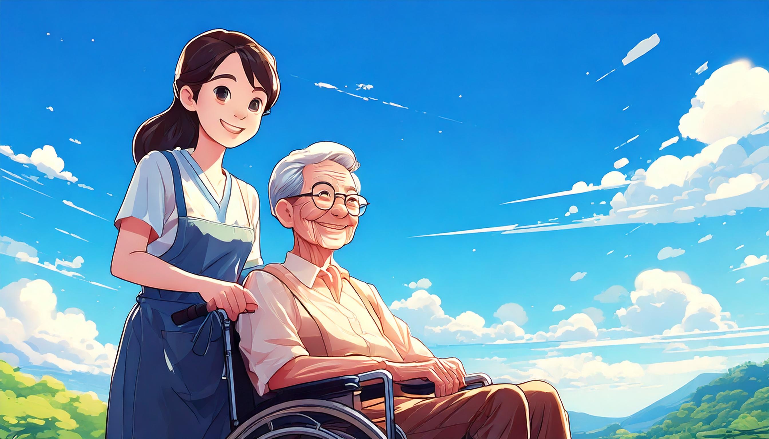 車いすを押している介護職員の女性