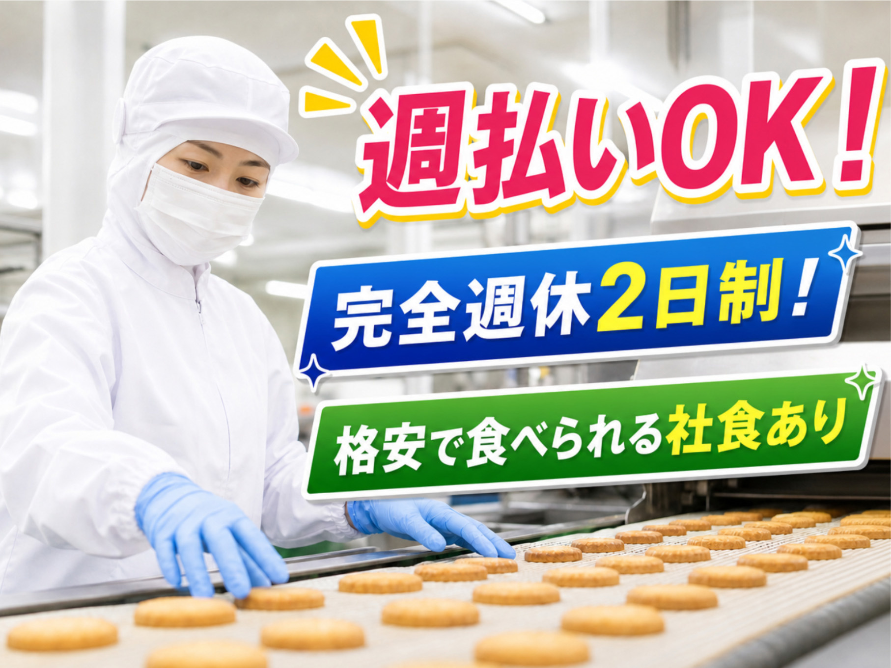 焼き菓子を製造している女性の写真、週払いOK！、完全週休2日制！、格安で食べられる社食あり