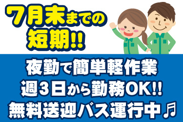 男女作業員のイラスト。7月末迄の短期、夜勤で簡単軽作業、週3日から勤務OK、無料送迎バス運行中