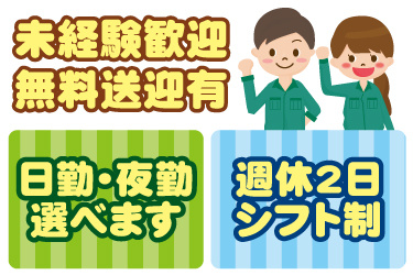 男女作業員のイラスト。未経験歓迎、無料送迎有、日勤・夜勤選べます、週休2日シフト制