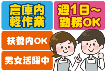 エプロンを着た男女のイラスト。倉庫内軽作業、週1日から勤務OK、扶養内OK、男女活躍中