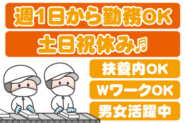 衛生服の男女作業員イラスト。週1日から勤務OK、土日祝休み、扶養内OK、WワークOK、男女活躍中