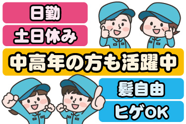 若い男女と中高年男女の作業員イラスト。日勤、土日休み、中高年の方も活躍中、髪自由、ヒゲOK