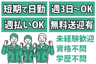 男女作業員のイラスト。短期で日勤、週3日からOK、週払いOK、無料送迎あり、未経験歓迎、資格不問、学歴不問