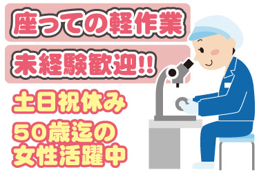 座り作業をしている女性作業員イラスト。座っての軽作業、未経験歓迎、土日祝休み、50歳までの女性活躍中