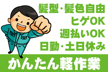 男性作業員のイラスト。かんたん軽作業、髪型・髪色自由、ヒゲOK、週払いOK、日勤・土日休み