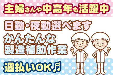 衛生服の男女作業員イラスト。主婦さんや中高年も活躍中、日勤又は夜勤選べます、かんたんな製造補助作業、週払いOK