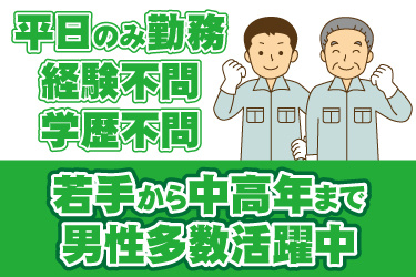 若い男性と中高年男性の作業員イラスト。平日のみ勤務、経験不問、学歴不問、若手から中高年まで男性多数活躍中