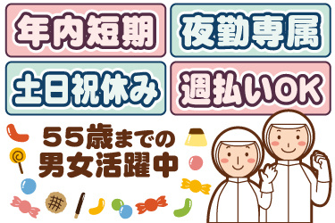 衛生服の男女作業員イラスト。年内短期、夜勤専属、土日祝休み、週払いOK、55歳までの男女活躍中