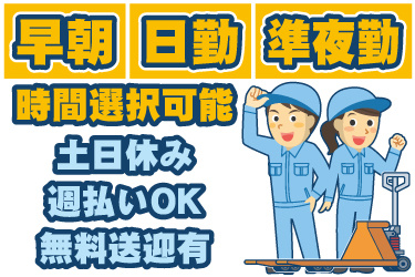 男女作業員とハンドリフトのイラスト。早朝・日勤・準夜勤から時間選択可能、週払いOK、土日休み、無料送迎有