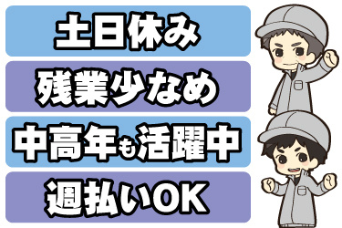 若い男性と中高年男性の作業員イラスト。土日休み、残業少なめ、中高年も活躍中、週払いOK
