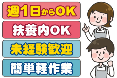 エプロンを着た男女のイラスト。週1日から勤務OK、扶養内OK、未経験歓迎、簡単軽作業