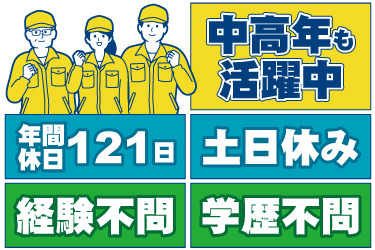 若い男女と中年男性の作業員イラスト。中高年も活躍中、年間休日121日、土日休み、経験不問、学歴不問