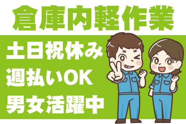 男女作業員のイラスト。倉庫内軽作業、土日祝休み、週払いOK、男女活躍中