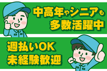 若い男性と中高年男性の作業員イラスト。中高年やシニアも多数活躍中、週払いOK、未経験歓迎