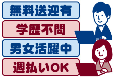 パソコンを操作する男女のイラスト。無料送迎あり、学歴不問、男女活躍中、週払いOK