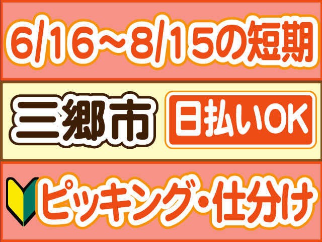 ピッキング・仕分け　未経験OK　6/16～8/15の短期　日払いOK　三郷市