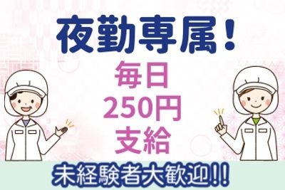 夜勤専属、毎日250円支給、未経験者大歓迎の文字と女性のイラスト