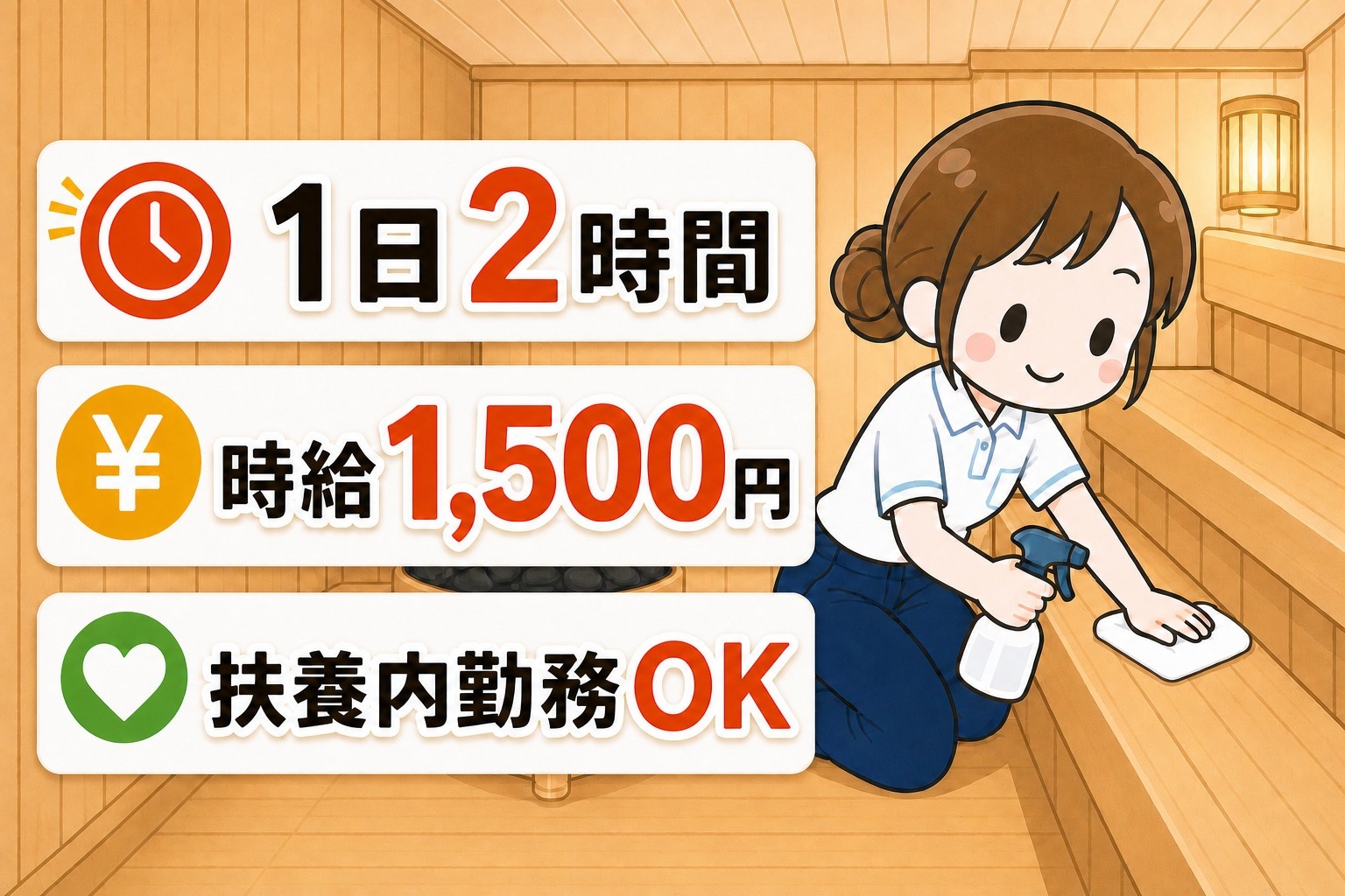 1日2時間　時給1,500円　扶養内勤務OK